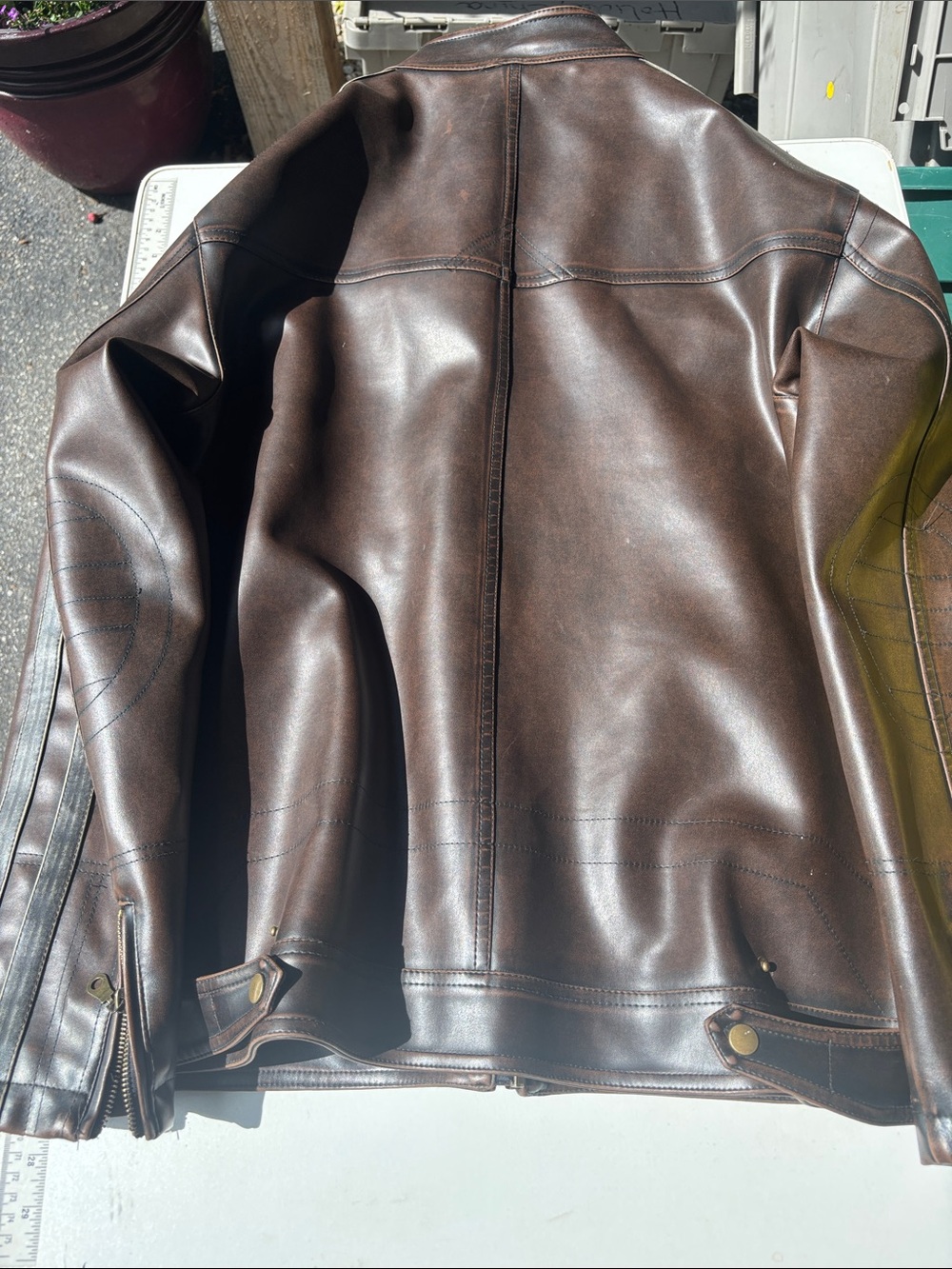 Machine Brown Leather Bomber Jacket with Racing Stripes - Picture 6 of 7